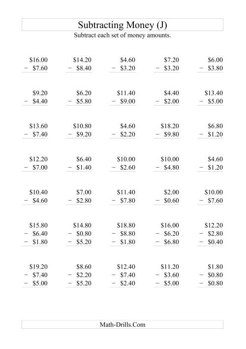 The Subtracting Australian Dollars (Increments of 20 cents) (J) Math Worksheet
