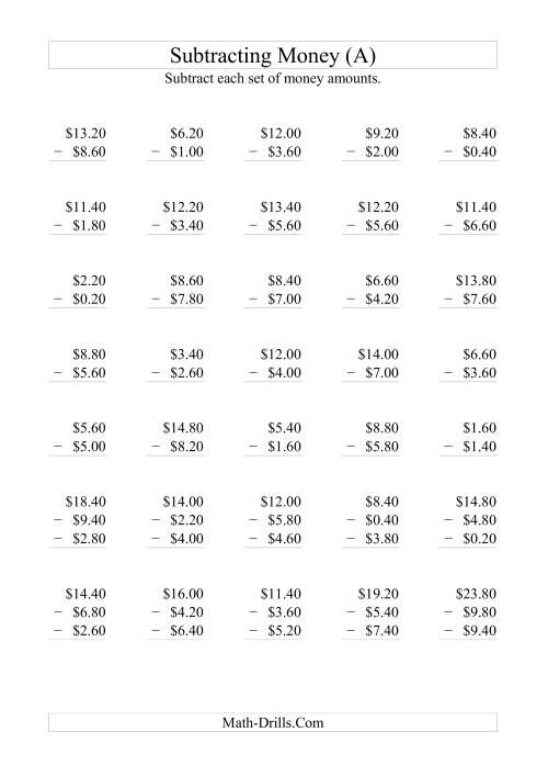 The Subtracting Australian Dollars (Increments of 20 cents) (All) Math Worksheet