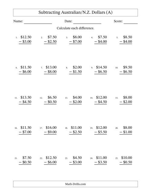 The Subtracting Australian/N.Z. Dollars With Amounts from 0.50 to 9.50 in Increments of Fifty Cents (A) Math Worksheet