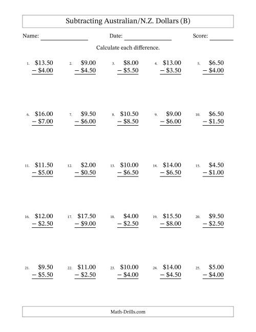 The Subtracting Australian/N.Z. Dollars With Amounts from 0.50 to 9.50 in Increments of Fifty Cents (B) Math Worksheet