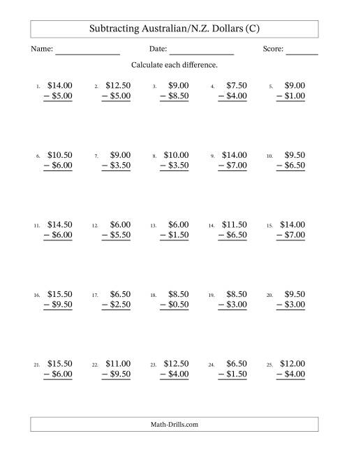 The Subtracting Australian/N.Z. Dollars With Amounts from 0.50 to 9.50 in Increments of Fifty Cents (C) Math Worksheet