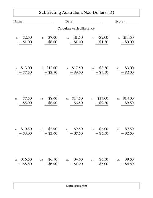 The Subtracting Australian/N.Z. Dollars With Amounts from 0.50 to 9.50 in Increments of Fifty Cents (D) Math Worksheet