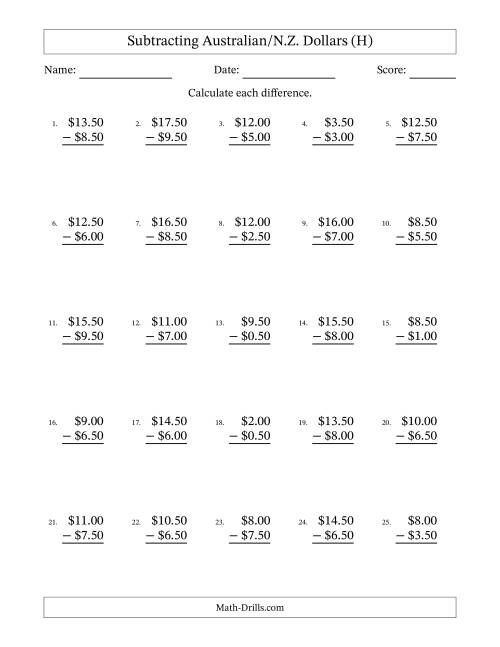 The Subtracting Australian/N.Z. Dollars With Amounts from 0.50 to 9.50 in Increments of Fifty Cents (H) Math Worksheet