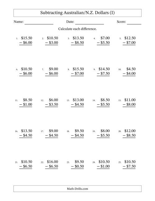 The Subtracting Australian/N.Z. Dollars With Amounts from 0.50 to 9.50 in Increments of Fifty Cents (I) Math Worksheet