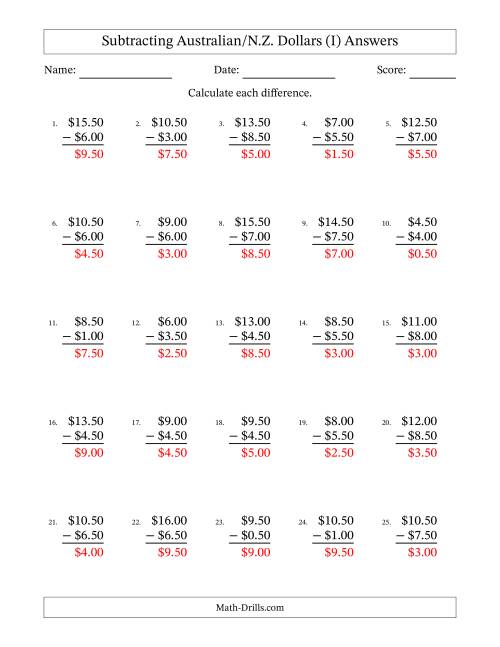 The Subtracting Australian/N.Z. Dollars With Amounts from 0.50 to 9.50 in Increments of Fifty Cents (I) Math Worksheet Page 2