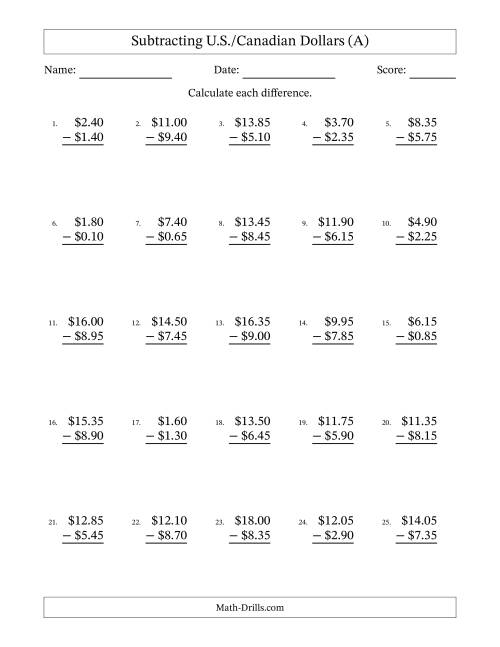 The Subtracting U.S./Canadian Dollars With Amounts from 0.05 to 9.95 in Increments of Five Cents (A) Math Worksheet