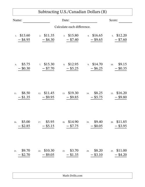 The Subtracting U.S./Canadian Dollars With Amounts from 0.05 to 9.95 in Increments of Five Cents (B) Math Worksheet