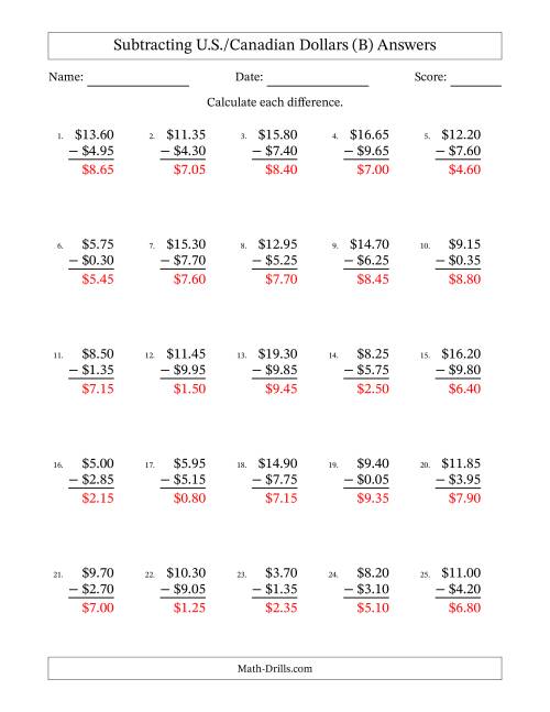 The Subtracting U.S./Canadian Dollars With Amounts from 0.05 to 9.95 in Increments of Five Cents (B) Math Worksheet Page 2