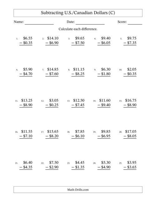 The Subtracting U.S./Canadian Dollars With Amounts from 0.05 to 9.95 in Increments of Five Cents (C) Math Worksheet