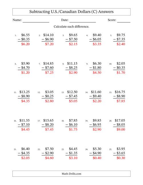 The Subtracting U.S./Canadian Dollars With Amounts from 0.05 to 9.95 in Increments of Five Cents (C) Math Worksheet Page 2