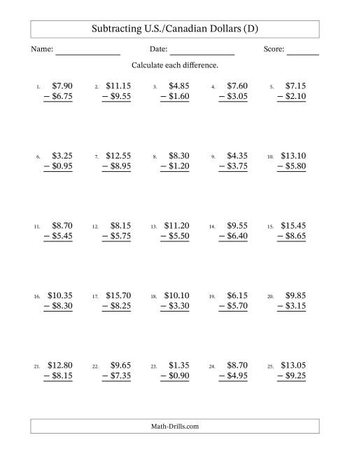 The Subtracting U.S./Canadian Dollars With Amounts from 0.05 to 9.95 in Increments of Five Cents (D) Math Worksheet