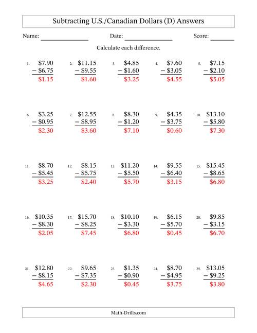 The Subtracting U.S./Canadian Dollars With Amounts from 0.05 to 9.95 in Increments of Five Cents (D) Math Worksheet Page 2