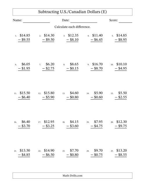 The Subtracting U.S./Canadian Dollars With Amounts from 0.05 to 9.95 in Increments of Five Cents (E) Math Worksheet