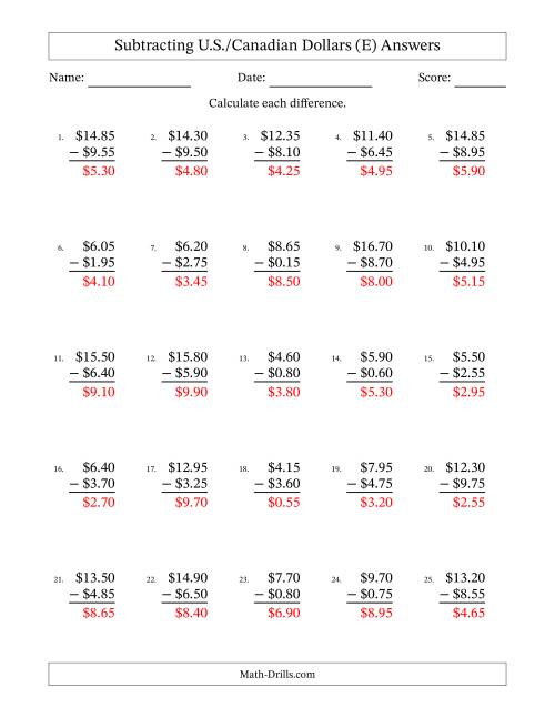 The Subtracting U.S./Canadian Dollars With Amounts from 0.05 to 9.95 in Increments of Five Cents (E) Math Worksheet Page 2