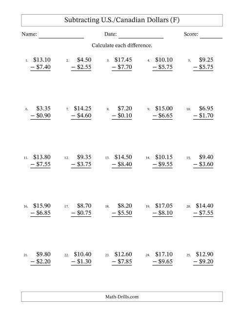 The Subtracting U.S./Canadian Dollars With Amounts from 0.05 to 9.95 in Increments of Five Cents (F) Math Worksheet