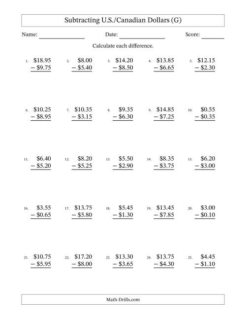 The Subtracting U.S./Canadian Dollars With Amounts from 0.05 to 9.95 in Increments of Five Cents (G) Math Worksheet