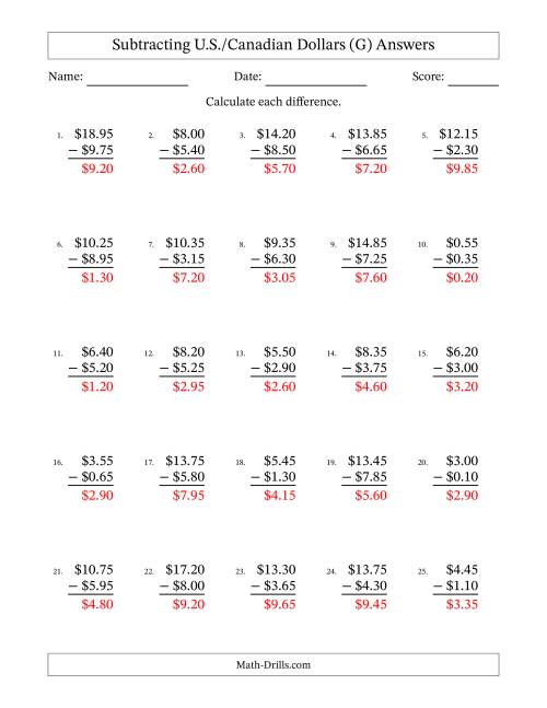 The Subtracting U.S./Canadian Dollars With Amounts from 0.05 to 9.95 in Increments of Five Cents (G) Math Worksheet Page 2