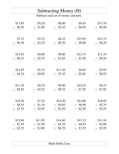 The Subtracting U.S. Money to $10 -- Increments of 5 Cents (H) Math Worksheet
