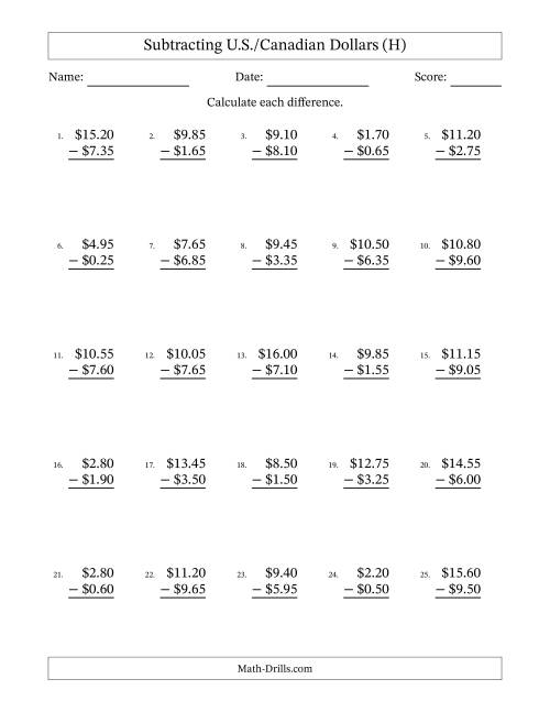 The Subtracting U.S./Canadian Dollars With Amounts from 0.05 to 9.95 in Increments of Five Cents (H) Math Worksheet