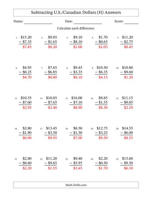 The Subtracting U.S./Canadian Dollars With Amounts from 0.05 to 9.95 in Increments of Five Cents (H) Math Worksheet Page 2