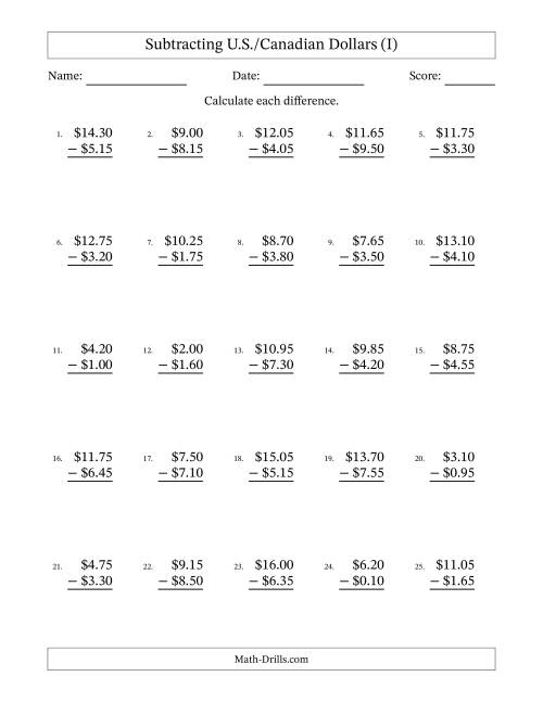 The Subtracting U.S./Canadian Dollars With Amounts from 0.05 to 9.95 in Increments of Five Cents (I) Math Worksheet