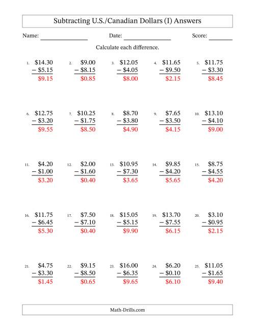 The Subtracting U.S./Canadian Dollars With Amounts from 0.05 to 9.95 in Increments of Five Cents (I) Math Worksheet Page 2