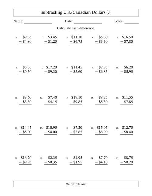 The Subtracting U.S./Canadian Dollars With Amounts from 0.05 to 9.95 in Increments of Five Cents (J) Math Worksheet