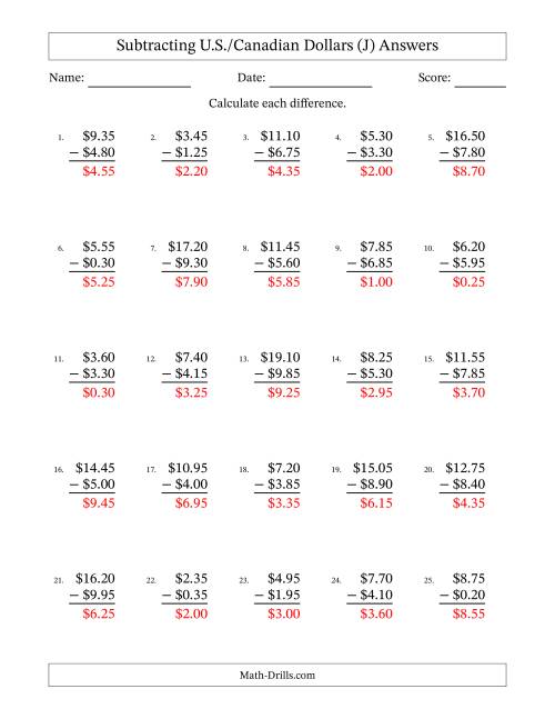 The Subtracting U.S./Canadian Dollars With Amounts from 0.05 to 9.95 in Increments of Five Cents (J) Math Worksheet Page 2