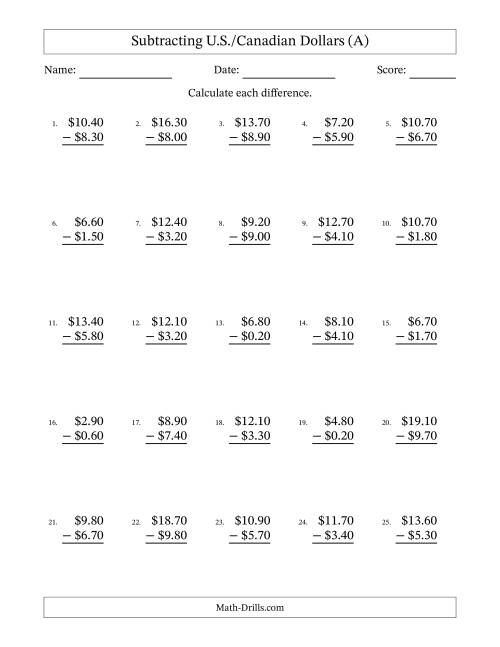 The Subtracting U.S./Canadian Dollars With Amounts from 0.10 to 9.90 in Increments of Ten Cents (A) Math Worksheet