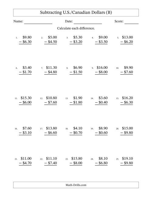 The Subtracting U.S./Canadian Dollars With Amounts from 0.10 to 9.90 in Increments of Ten Cents (B) Math Worksheet