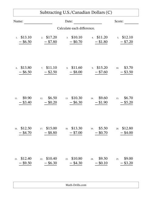 The Subtracting U.S./Canadian Dollars With Amounts from 0.10 to 9.90 in Increments of Ten Cents (C) Math Worksheet