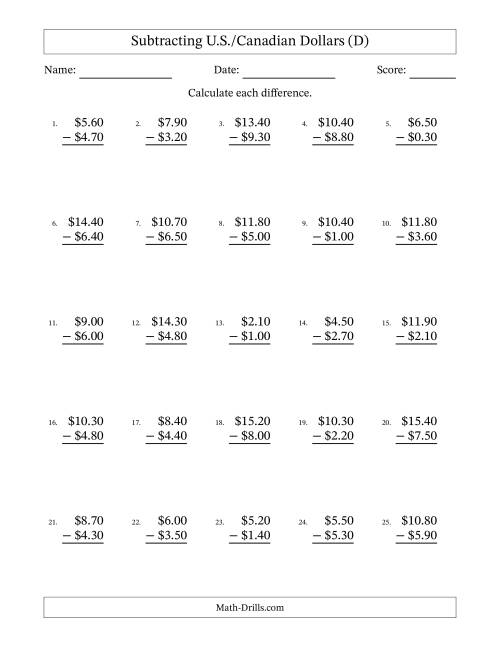 The Subtracting U.S./Canadian Dollars With Amounts from 0.10 to 9.90 in Increments of Ten Cents (D) Math Worksheet