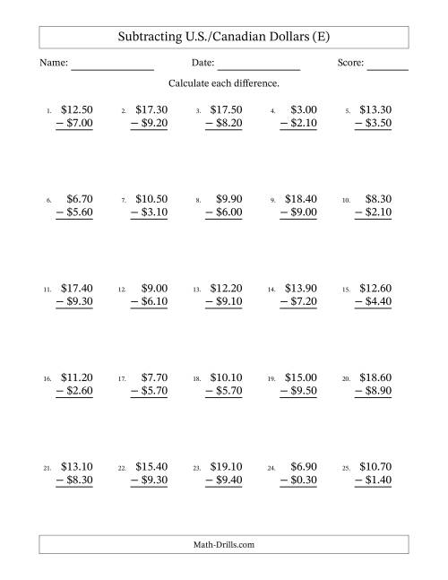 The Subtracting U.S./Canadian Dollars With Amounts from 0.10 to 9.90 in Increments of Ten Cents (E) Math Worksheet