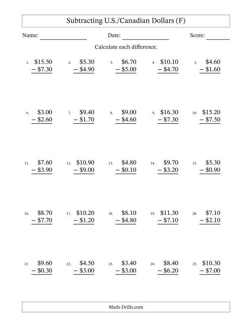 The Subtracting U.S./Canadian Dollars With Amounts from 0.10 to 9.90 in Increments of Ten Cents (F) Math Worksheet