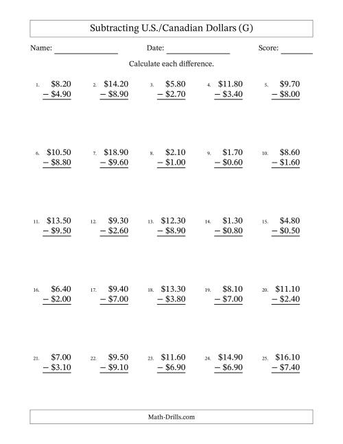 The Subtracting U.S./Canadian Dollars With Amounts from 0.10 to 9.90 in Increments of Ten Cents (G) Math Worksheet