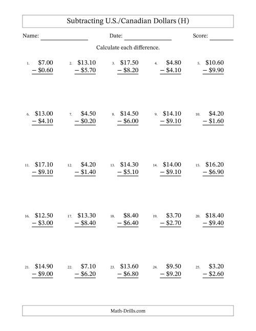 The Subtracting U.S./Canadian Dollars With Amounts from 0.10 to 9.90 in Increments of Ten Cents (H) Math Worksheet