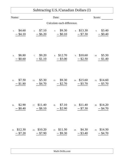 The Subtracting U.S./Canadian Dollars With Amounts from 0.10 to 9.90 in Increments of Ten Cents (I) Math Worksheet