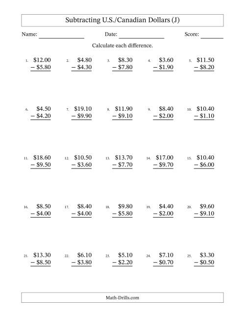 The Subtracting U.S./Canadian Dollars With Amounts from 0.10 to 9.90 in Increments of Ten Cents (J) Math Worksheet