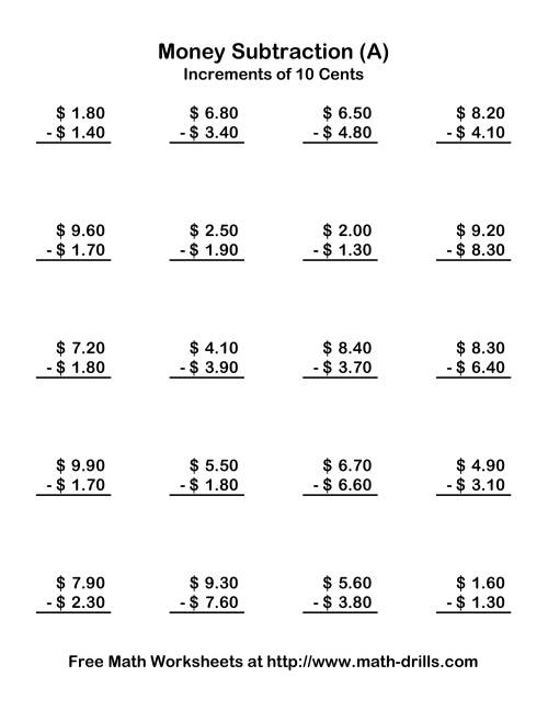 The Subtracting U.S. Money to $10 -- Increments of 10 Cents (Old) Math Worksheet