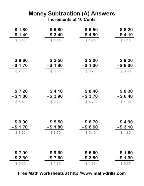 The Subtracting U.S. Money to $10 -- Increments of 10 Cents (Old) Math Worksheet Page 2