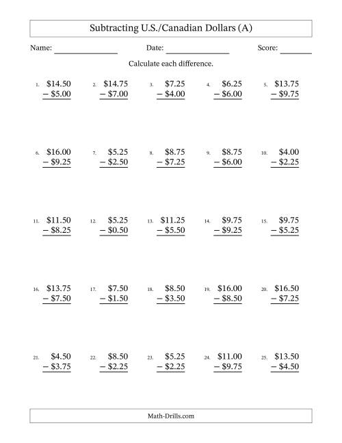 The Subtracting U.S./Canadian Dollars With Amounts from 0.25 to 9.75 in Increments of Twenty-Five Cents (A) Math Worksheet