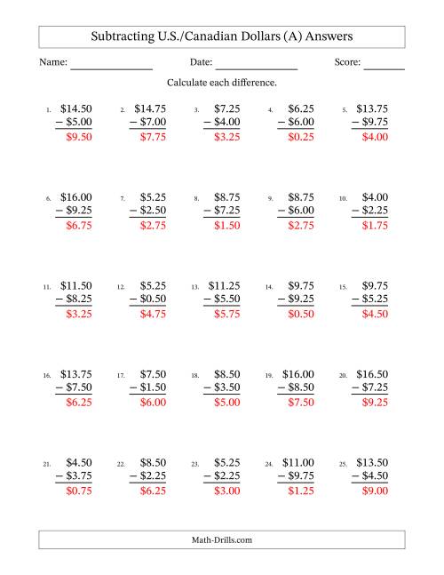 The Subtracting U.S./Canadian Dollars With Amounts from 0.25 to 9.75 in Increments of Twenty-Five Cents (A) Math Worksheet Page 2