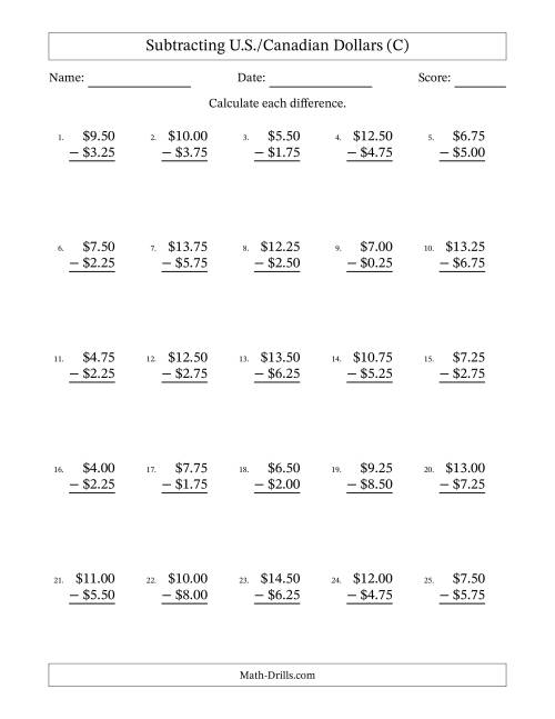 The Subtracting U.S./Canadian Dollars With Amounts from 0.25 to 9.75 in Increments of Twenty-Five Cents (C) Math Worksheet