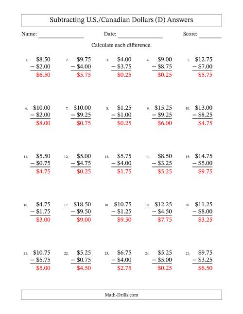 The Subtracting U.S./Canadian Dollars With Amounts from 0.25 to 9.75 in Increments of Twenty-Five Cents (D) Math Worksheet Page 2