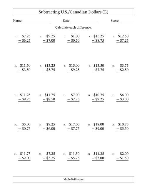 The Subtracting U.S./Canadian Dollars With Amounts from 0.25 to 9.75 in Increments of Twenty-Five Cents (E) Math Worksheet