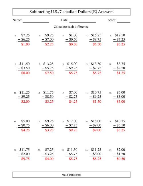 The Subtracting U.S./Canadian Dollars With Amounts from 0.25 to 9.75 in Increments of Twenty-Five Cents (E) Math Worksheet Page 2