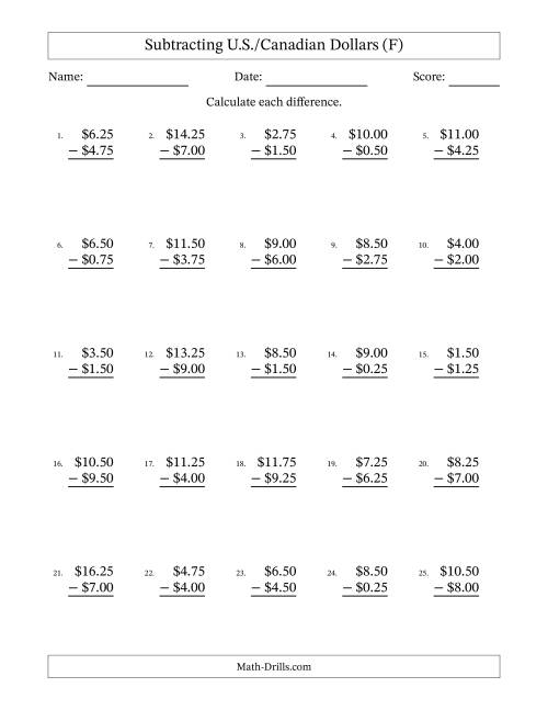 The Subtracting U.S./Canadian Dollars With Amounts from 0.25 to 9.75 in Increments of Twenty-Five Cents (F) Math Worksheet