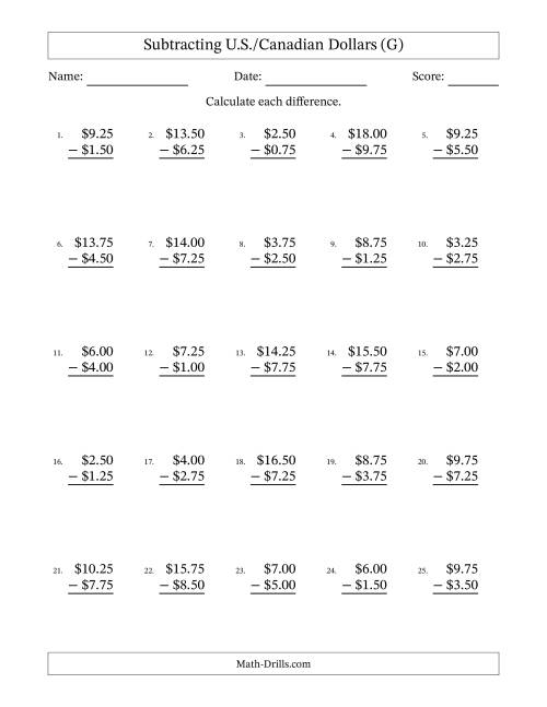 The Subtracting U.S./Canadian Dollars With Amounts from 0.25 to 9.75 in Increments of Twenty-Five Cents (G) Math Worksheet