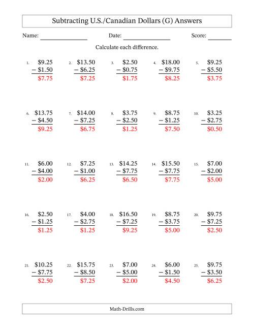 The Subtracting U.S./Canadian Dollars With Amounts from 0.25 to 9.75 in Increments of Twenty-Five Cents (G) Math Worksheet Page 2