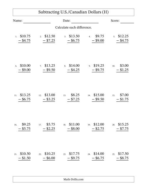 The Subtracting U.S./Canadian Dollars With Amounts from 0.25 to 9.75 in Increments of Twenty-Five Cents (H) Math Worksheet